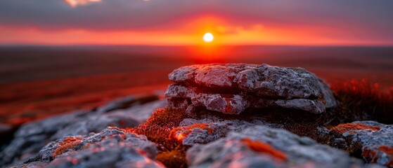 Wall Mural -  Sun sets over rocky outcropping, capped with snow, and surrounded by grass in the foreground