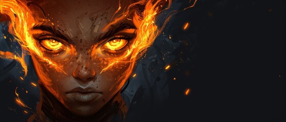 Wall Mural -  A woman's face, eyes ablaze with fire, against a backdrop of a menacing demon head