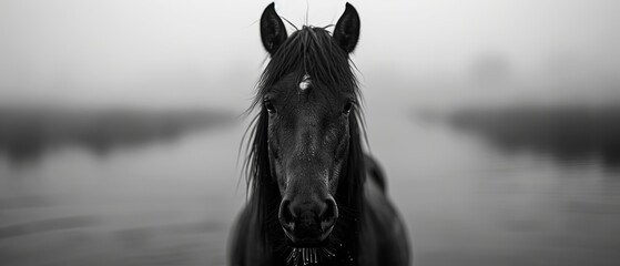 Wall Mural -  A black-and-white image of a horse gazing at the camera against a foggy backdrop of sky and water