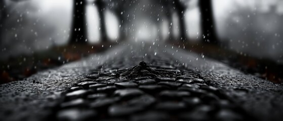 Wall Mural -  A monochrome image of a rain-soaked road dotted with droplets Trees loom in the wet background