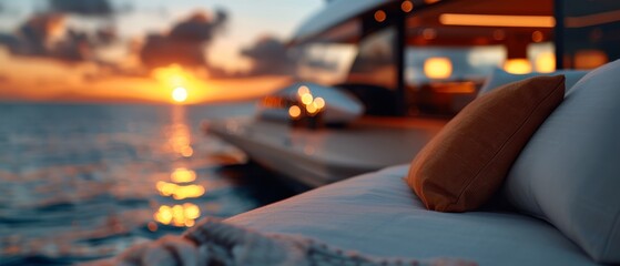 Wall Mural -  A tight shot of a couch by a water body, with a boat in the distance and a sunset painting the backdrop