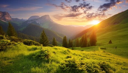 Wall Mural - mountain valley during sunset natural summer mountain landscape forest and mountans mountain image