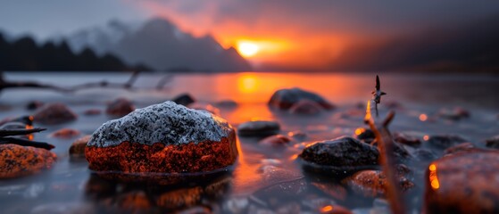 Wall Mural -  Sun sets over water with foreground of rocky shore and snow-capped rocks