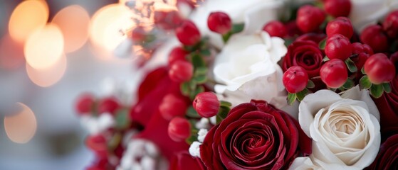 Wall Mural - Red and white flowers, greenery on one side