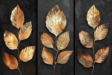 3 pieces black and gold flower wall art, with a black background and golden leaves. The leaves have a metallic texture