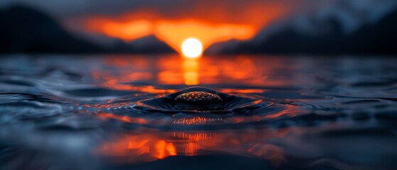 Wall Mural -  A tight shot of a water droplet with an intensely orange light encircled within, suspended against a backdrop of a somber, darkened sky