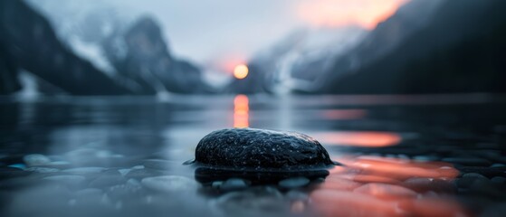 Wall Mural -  A tight shot of a wet rock, background featuring a hazy mountain image