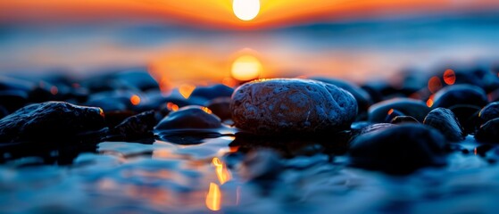 Wall Mural -  A collection of stones perched upon a sandy shore, adjacent to a body of water during sunset