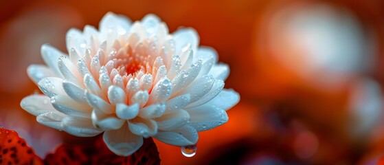 Wall Mural -  A tight shot of a white bloom, its petals speckled with water droplets, against a softly blurred backdrop