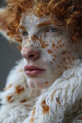 Wall Mural -  A tight shot of a person's face adorned with freckles, along with a fur coat displaying similar speckled patterns