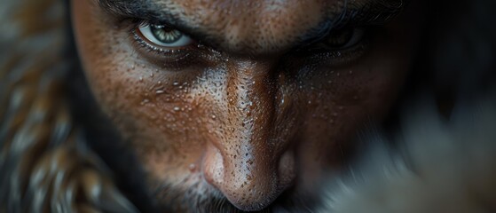 Wall Mural -  A man's face, closely captured, is adorned with falling snow He wears a fur-lined coat draped over his shoulders