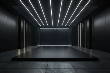 Poster - A black room with a large empty space in the center, a flat stage for an event, and LED strip lights on one side of it. The ceiling is dark gray, with white lines of light shining down from above