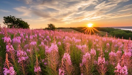 Wall Mural - sunset over a midwest prairie full of blooming native blazing star wildflowers