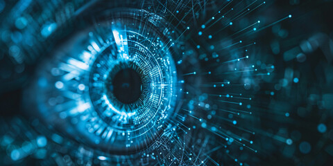 Wall Mural - A close-up of an eye with blue digital circuit patterns glowing inside, symbolizing the connection between people and technology