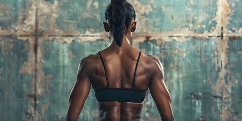 Wall Mural - Strong and Healthy Physique of a Muscular Black Woman Seen from Behind. Concept Fitness, Black Women, Muscle Definition, Body Strength, Rear View