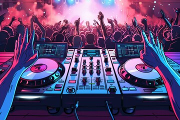 Wall Mural - DJ performing at a large festival with a diverse crowd dancing and cheering in vibrant lights