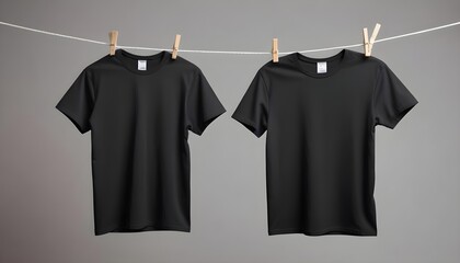 Wall Mural - Two black t-shirts hanging on a clothesline against a plain background