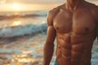 © Ольга Лукьяненко - perfect male body with abs on beach blured background. ai generative
