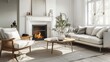 © ASA Creative - Fireplace, light sofa, coffee table. Scandinavian style home interior design of modern living room