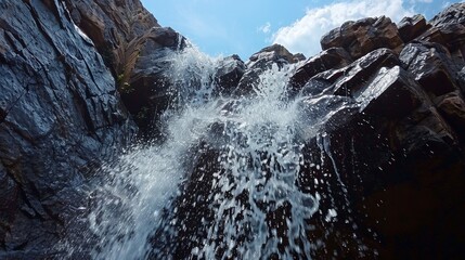 Poster - Waterfalls cascade down rocky cliffs, a breathtaking display of nature's grandeur.