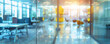 © AI_images - A blurred bright office background with glass walls, ergonomic chairs, and open desks, creating a spacious and modern working environment.