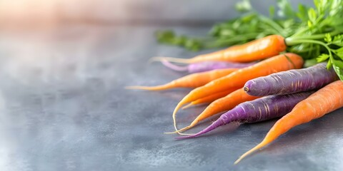 Wall Mural - Carrots of orange and purple colors arranged on a table with space for text. Concept Food Styling, Colorful Vegetables, Table Setting, Creative Photography, Vibrant Display