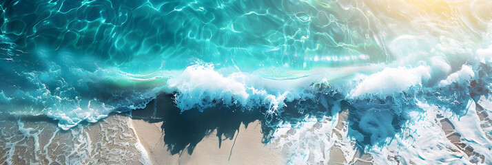 Canvas Print - sea water waves texture ripples on water surface light blue ocean water top view clear aqua background sun glow reflection white sand bottom stones underwater tropical island beach