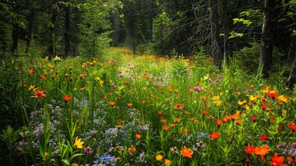 Poster - Wildflowers bloom in a riot of colors, adorning the forest floor like a vibrant tapestry.