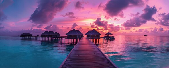 Wall Mural - beautiful sunset at the maldives island with a wooden pier and overwater huts, a colorful sky, a stu