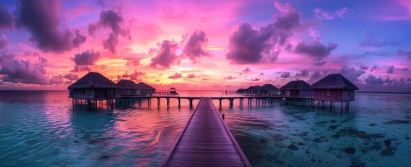 Wall Mural - beautiful sunset at the maldives island with a wooden pier and overwater huts, a colorful sky, a stu