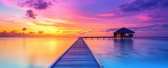 Wall Mural - a stunning sunset over the maldives, with vibrant colors painting the sky and a wooden pier leading 