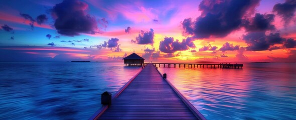 Wall Mural - a stunning sunset over the maldives, with vibrant colors painting the sky and a wooden pier leading 