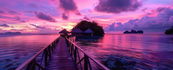 Wall Mural - a stunning panoramic view of the colorful sunset over an island with wooden walkways leading to that