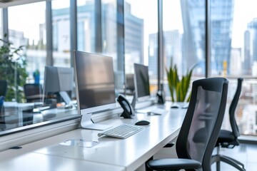Poster - business office computer desk work interior design modern table desktop workplace monitor chair screen corporate workspace technology room nobody style