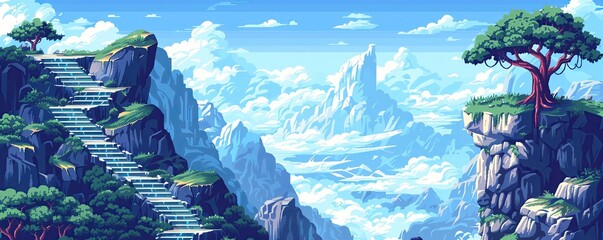 A stunning 2D illustration of a serene mountain landscape with a stone staircase and trees under a bright blue sky.