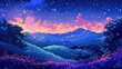 © Pee - Beautiful fantasy landscape with starlit sky, rolling hills, and vibrant flora at twilight. Ideal for backgrounds and nature-themed projects.