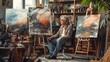 © Ratthamond - Bathed in natural light from a large window, an elderly male artist sits in his studio, surrounded by art supplies and paintings, engrossed in creating an abstract piece depicting clouds and sunsets.
