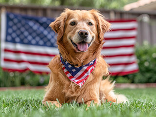 Wall Mural - Patriotic Pooch Happy Golden Retriever with US Flag Bandana Celebrating the 4th of July Under Blue Sky