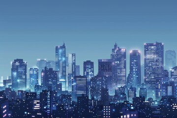 Wall Mural - The city comes alive at dusk, as the twinkling lights of skyscrapers and office buildings illuminate the darkening sky. A breathtaking view of modern urban architecture.