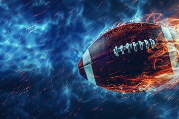 Wall Mural - Exciting background graphic for fantasy football league, flying American football ball, dramatic blue lightening color 