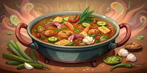 Wall Mural - Hearty bowl of vegetable stew with herbs and spices.