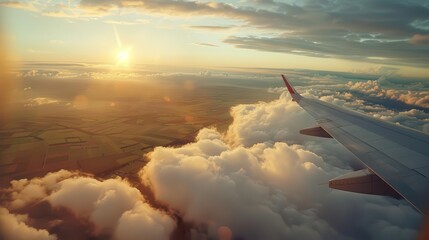 mesmerizing aerial view from airplane window patchwork of lush green fields below wispy clouds catching golden sunrise light sense of adventure
