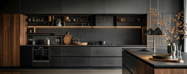 A contemporary kitchen with sleek cabinets and a dark gray wall. The dark background adds contrast and highlights the modern design elements.