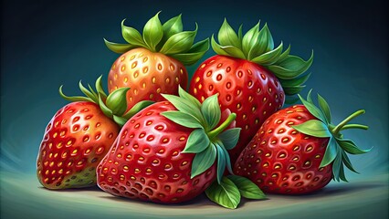 Wall Mural - Fresh and juicy strawberries with green leaves.