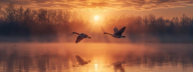 A pair of wild geese flying in formation over a serene lake during sunrise.