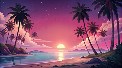 Sticker - Tropical beach scene with a sunset and palm trees.