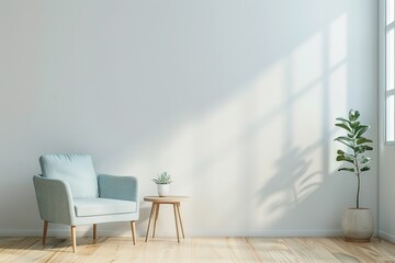 Wall Mural - A modern bedroom with white walls, light wood flooring and large windows overlooking the garden. The bed is made of gray fabric and has black pillows