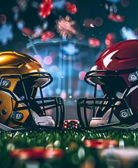Wall Mural - view of american football field at night in las vegas, two helmets facing each other one gold color and the other red color, casino chips and casino elements all around