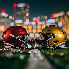 Wall Mural - view of american football field at night in las vegas, two helmets facing each other one gold color and the other red color, casino chips and casino elements all around