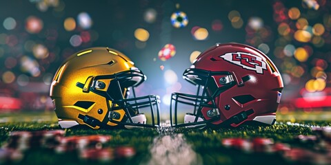 view of american football field at night in las vegas, two helmets facing each other one gold color and the other red color, casino chips and casino elements all around